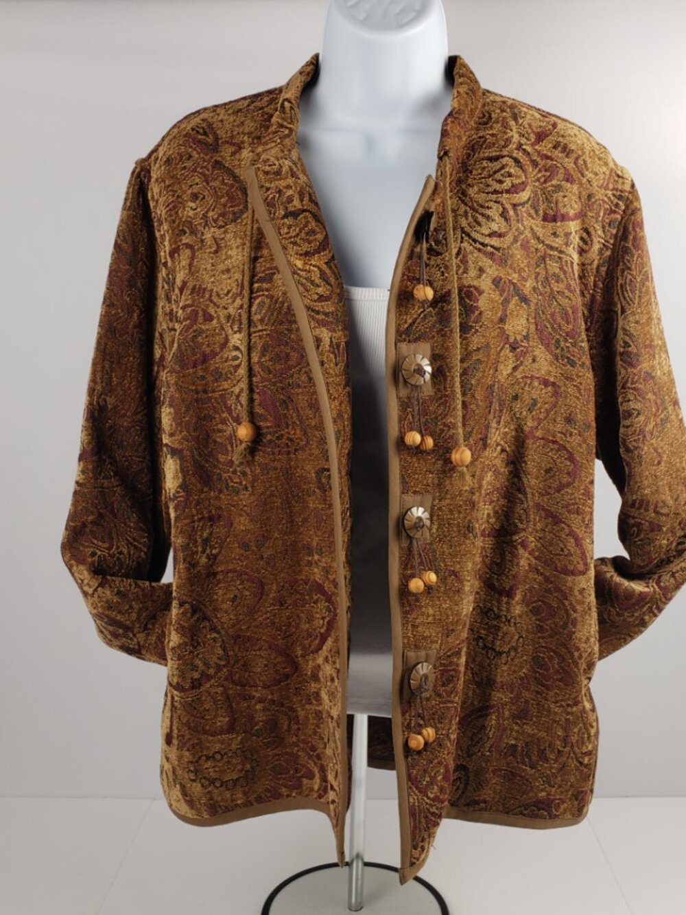 Flashback L Tapestry Tan Red Jacket Coat Womens Beads Vintage Hippie Carpet